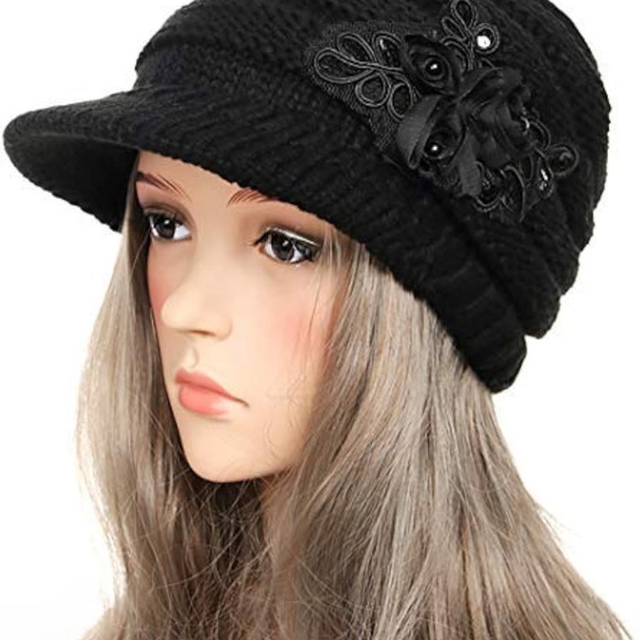 Womens Winter Hats with Visor Winter Gloves Sequined Flower Touchscreen Gloves - Picture 5 of 5